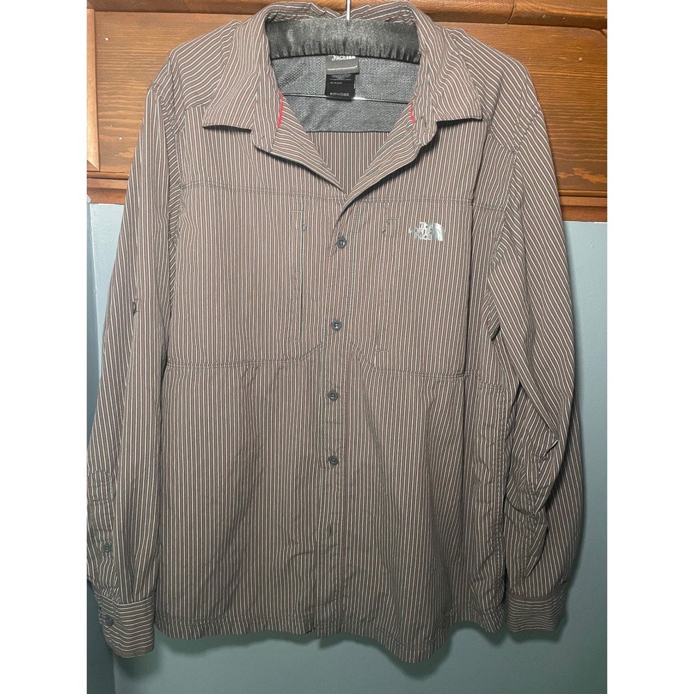 The North Face Mens Brown Pinstripe Long Sleeve Roll Tab Hiking Shirt Large